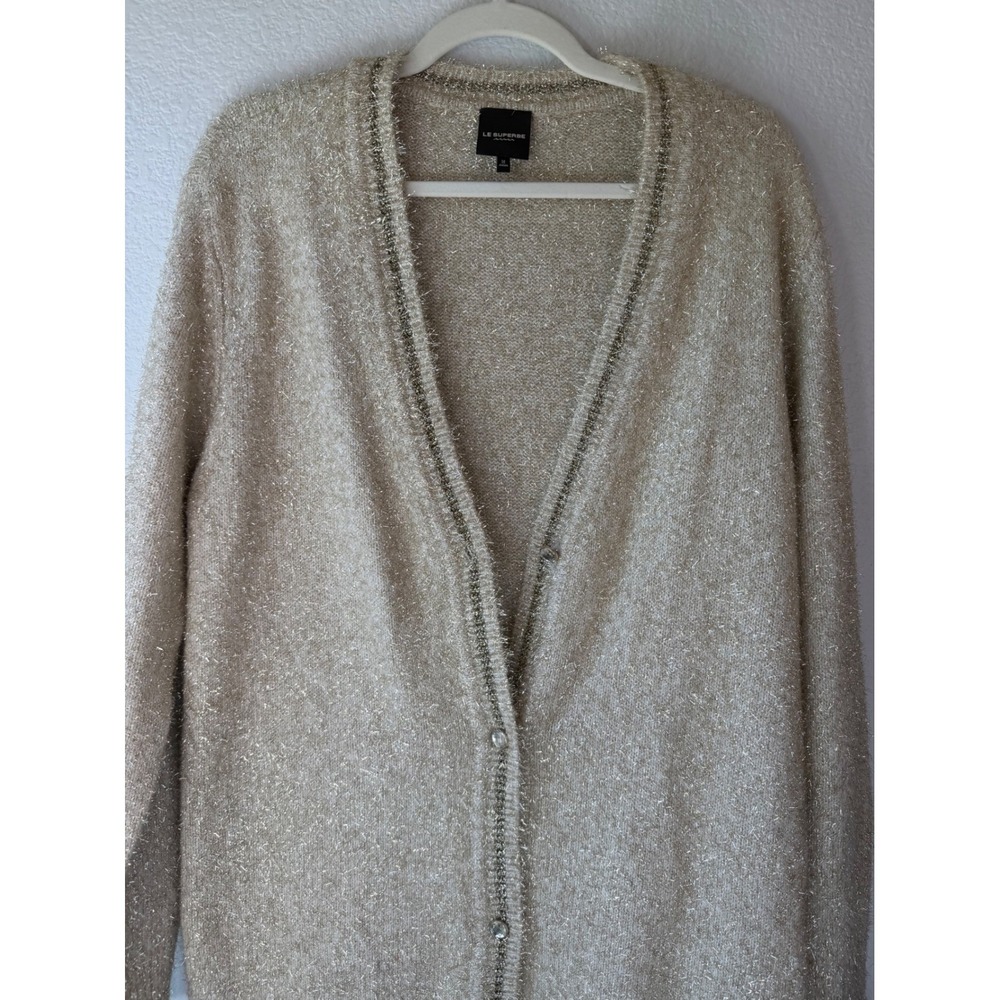 Le Superbe Gold Metallic Cashmere Blend V-Neck Cardigan Sweater Medium Luxury - Picture 4 of 10